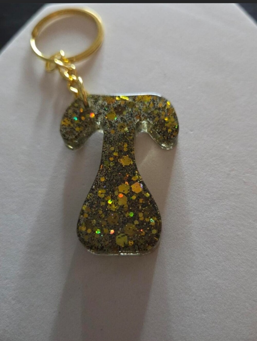 Handcrafted Gold & Black Glitter Resin KeychainLetter T
